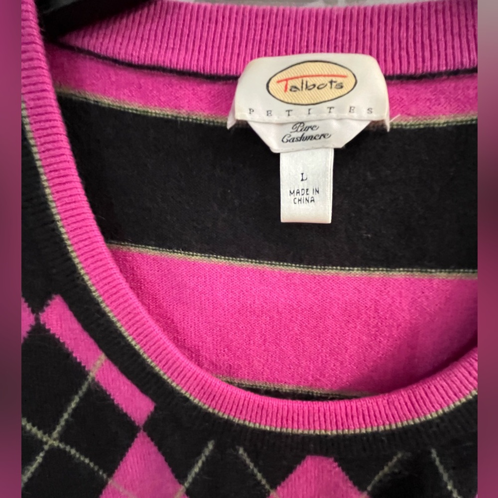 Vintage Talbots Pink and Black Argyle   100%Cashmere Sweater Short sleeve Shirt - Picture 2 of 6